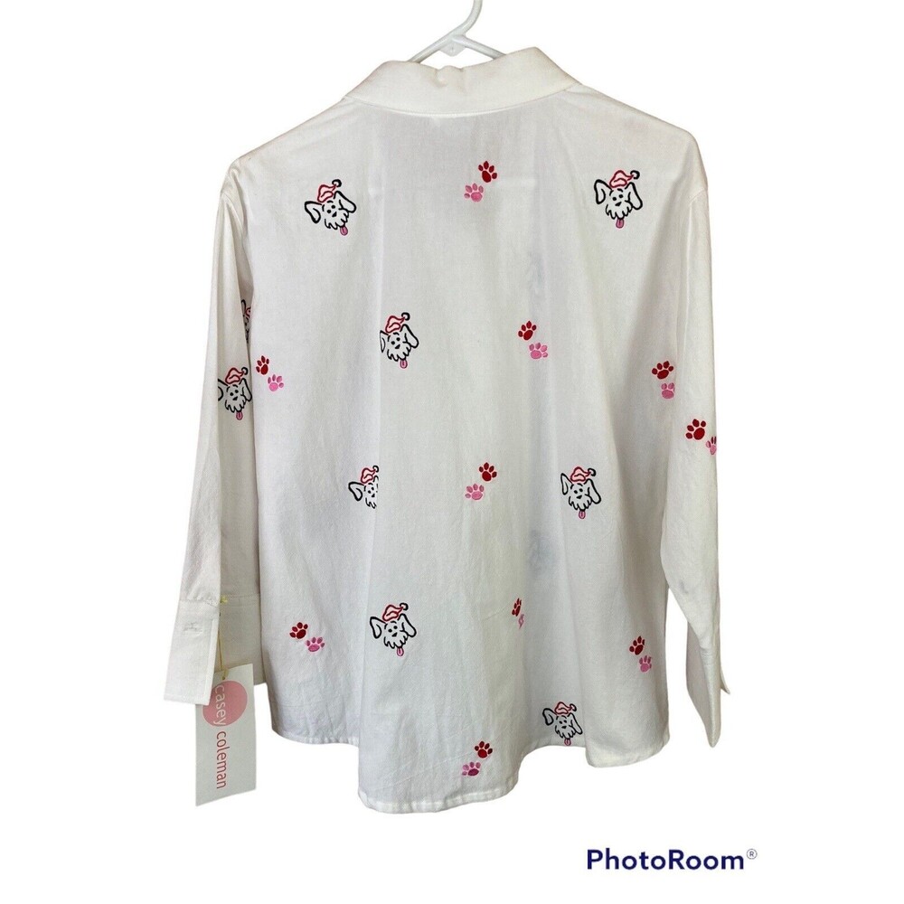 Casey Coleman Women's Blouse L Jolly Dogs Christmas Embroidered Whimsy Artsy - Picture 2 of 8